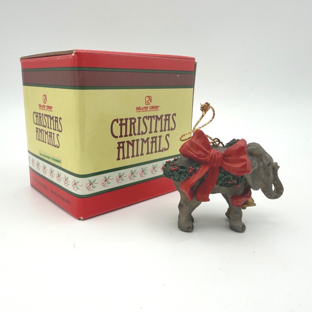 Silver Deer Elephant Ornament Christmas Animals Grey Red 1990‎ Vtg